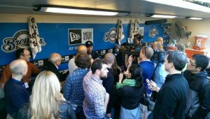 New York Yankees captain Derek Jeter and I, along with other media members, prior to their game against the Milwaukee Brewers on May 9, 2014.