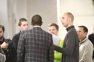 Milwaukee Panthers men's head basketball coach Rob Jeter and I along with other media members following their exhibition victory against Platteville. 