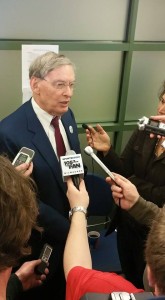 Former MLB Commissioner Bud Selig and I, along with other media members, on Milwaukee Brewers Opening Day (April 6, 2015). at 