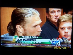 Green Bay Packers linebacker Clay Matthews and I, along with other media members, after their 24-10 victory over St. Louis on Oct. 11, 2015. 