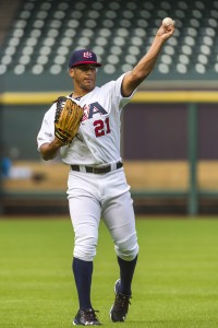 USA Baseball 18U National Team outfielder Trenton Clark (Fort Worth, Texas) during an exhibition game against Canada at Minute Maid Park on Sunday, Aug. 31, 2014, in Houston. ( Photo by Smiley N. Pool )