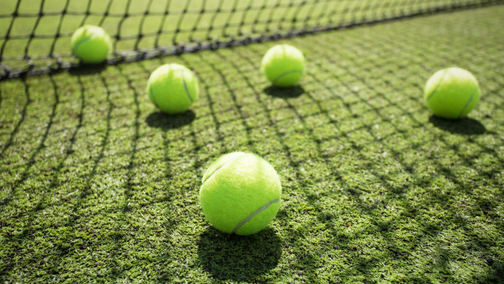 Tennis balls on the court grass